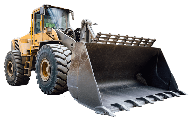 The image features a large bulldozer set against a transparent background.