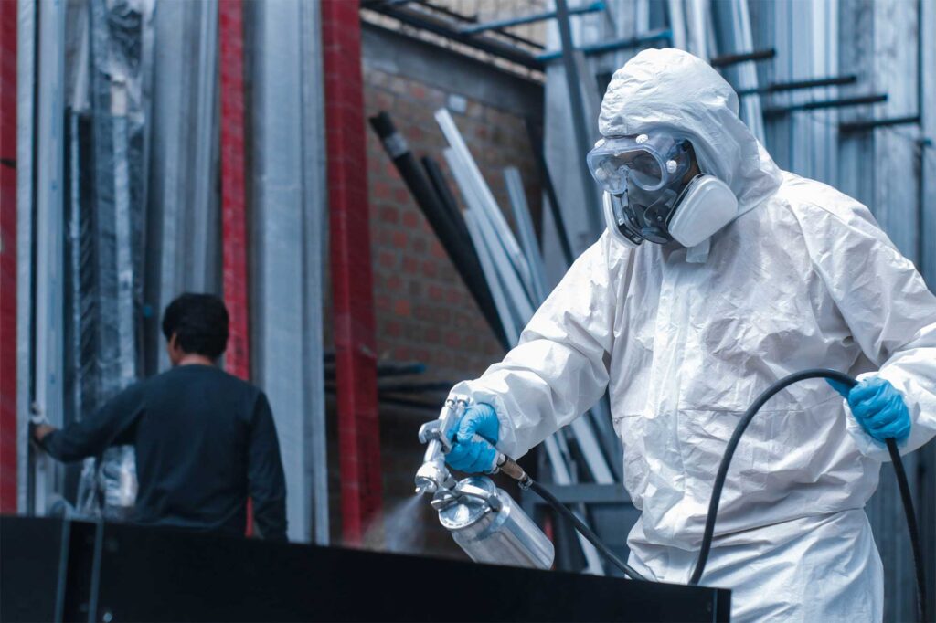 Industrial painter working in a factory performing his job.